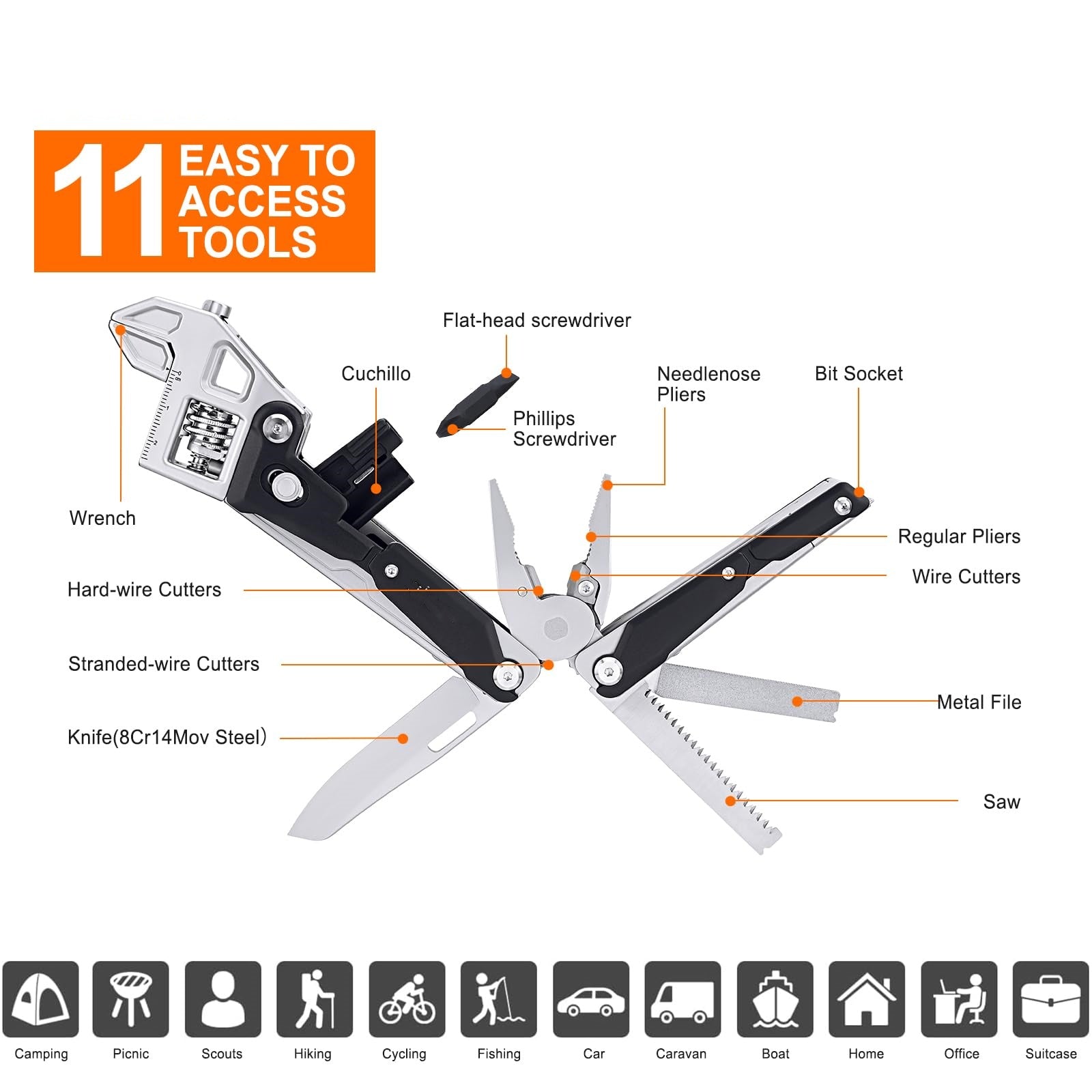 Adjustable Ratchet Multi-Tool with Pliers, Knife, Saw, and Screwdriver