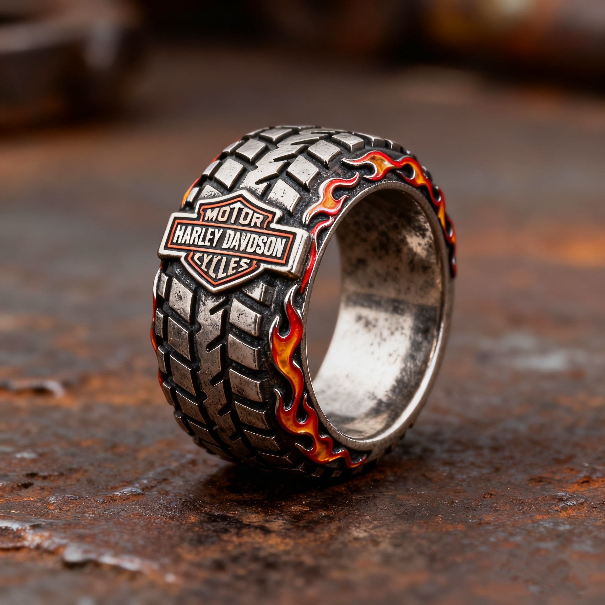 Handmade 925 Sterling Silver Flame Motorcycle Tire Rings