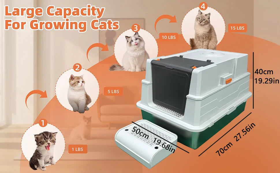 Stainless steel litter box with lid, extra-large enclosed kitty litter pan, equipped with steps and a litter scoop,