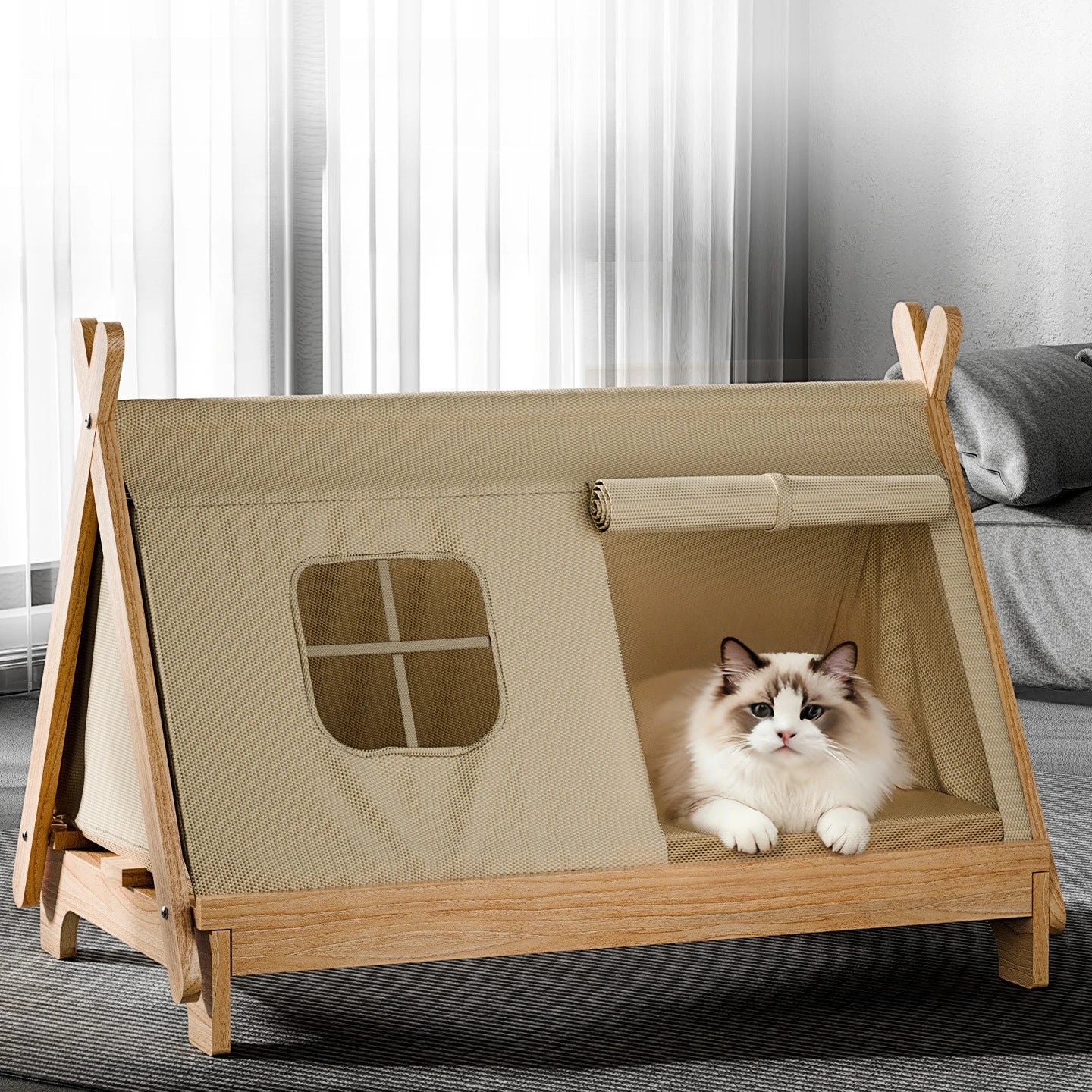 Cat Bed with Window Wooden Cat Tent