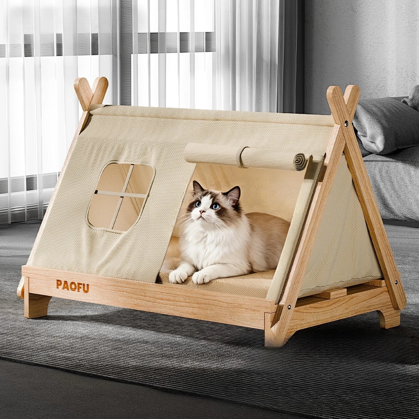 Cat Bed with Window Wooden Cat Tent
