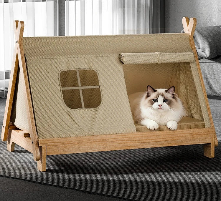 Cat Bed with Window Wooden Cat Tent