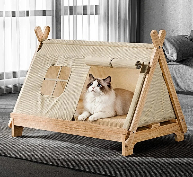 Cat Bed with Window Wooden Cat Tent