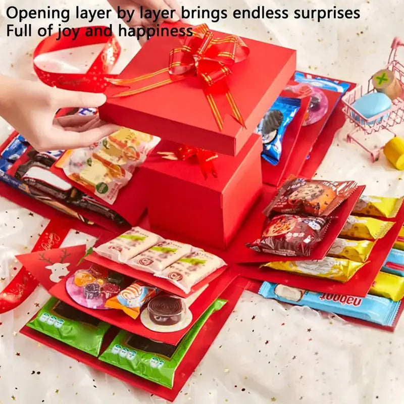4-Story Surprise Explosion Gift Box with Ribbon, Multi-Pocket Snack & Candy Storage